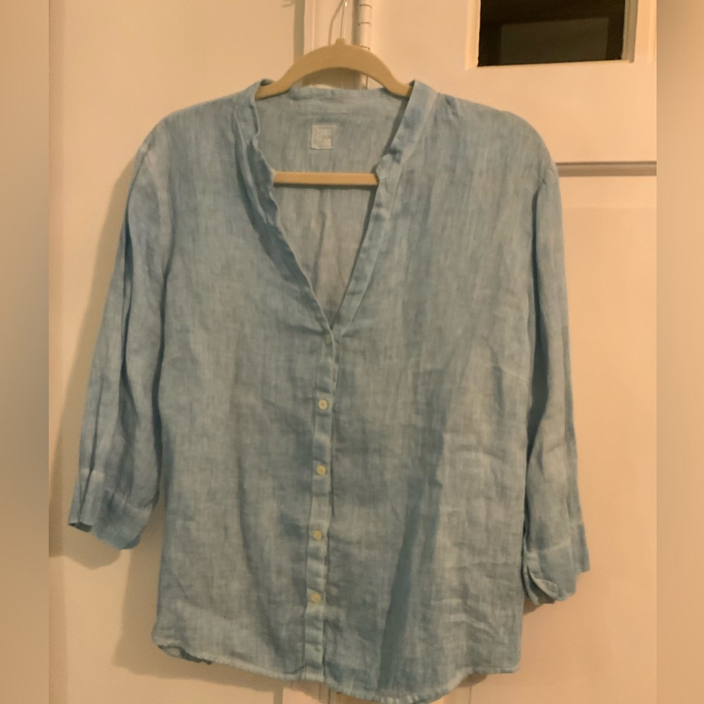 Relaxed Light Blue Linen Button-Down Blouse